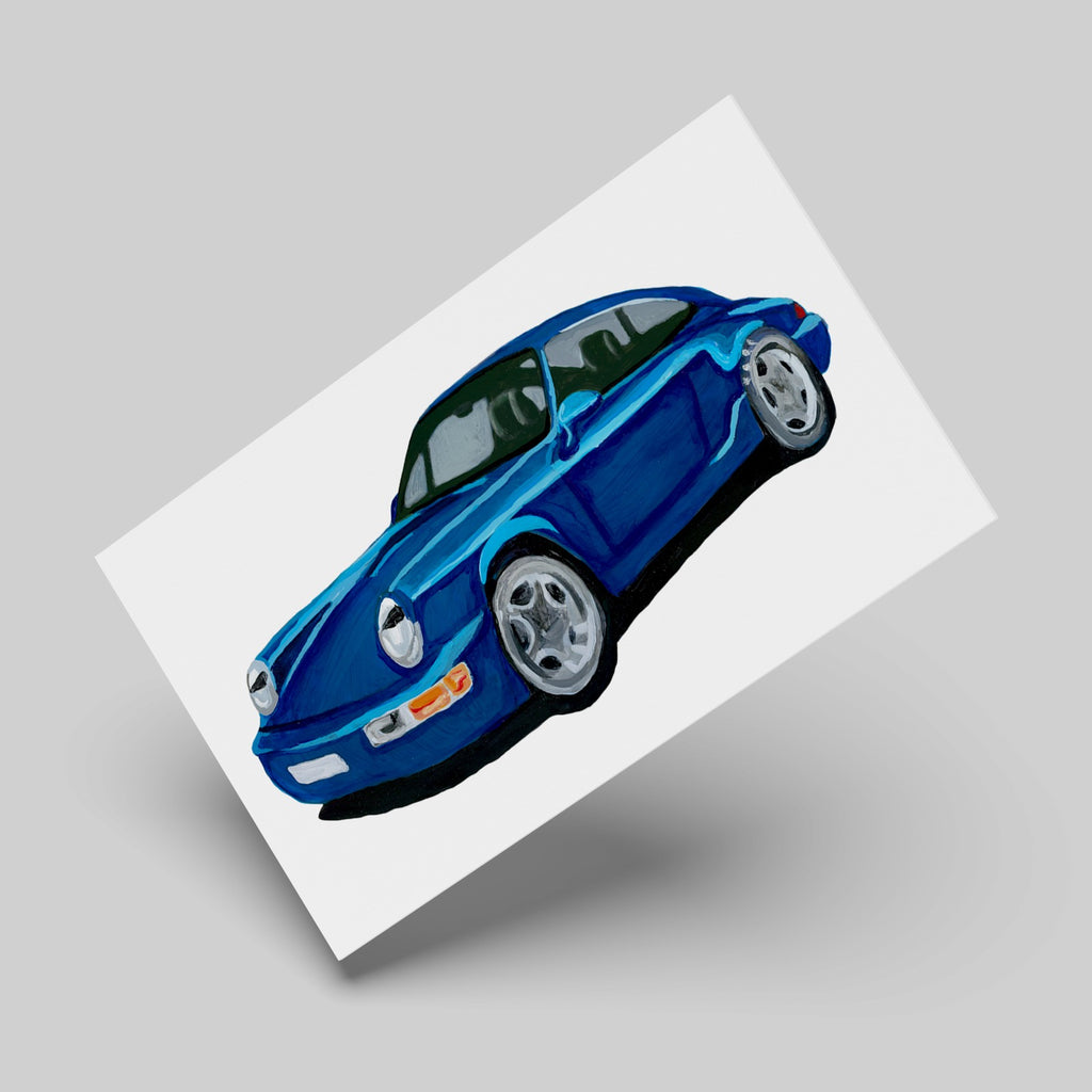 Blue classic sports car art print on a light grey background