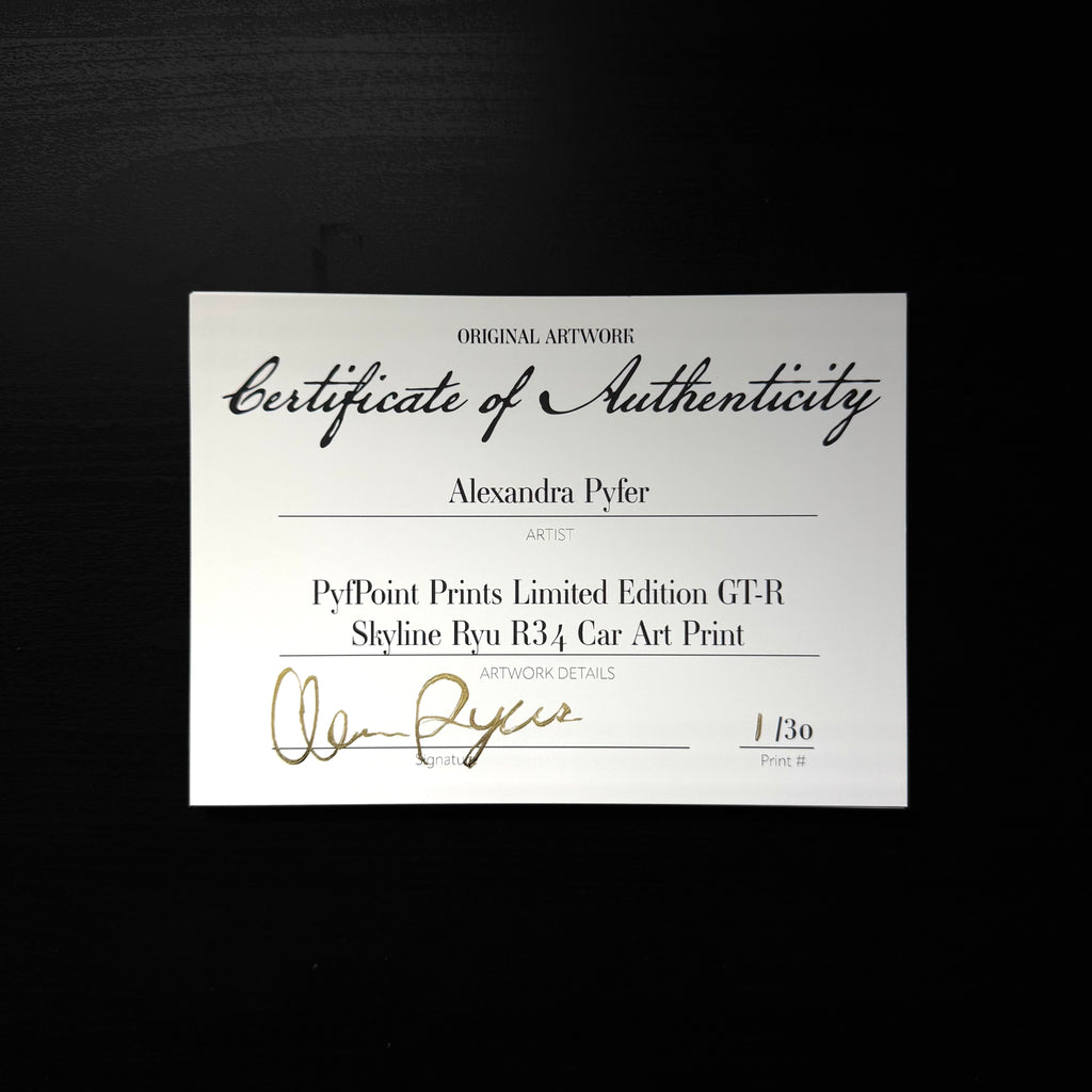 Certificates of Authenticity for the limited edition Nissan Skyline GT-R R34 art print fanned out on a dark table, each hand-signed in gold and numbered, the front one reading 01 of 30