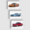 The three JDM car art prints staggered vertically on a pale wall
