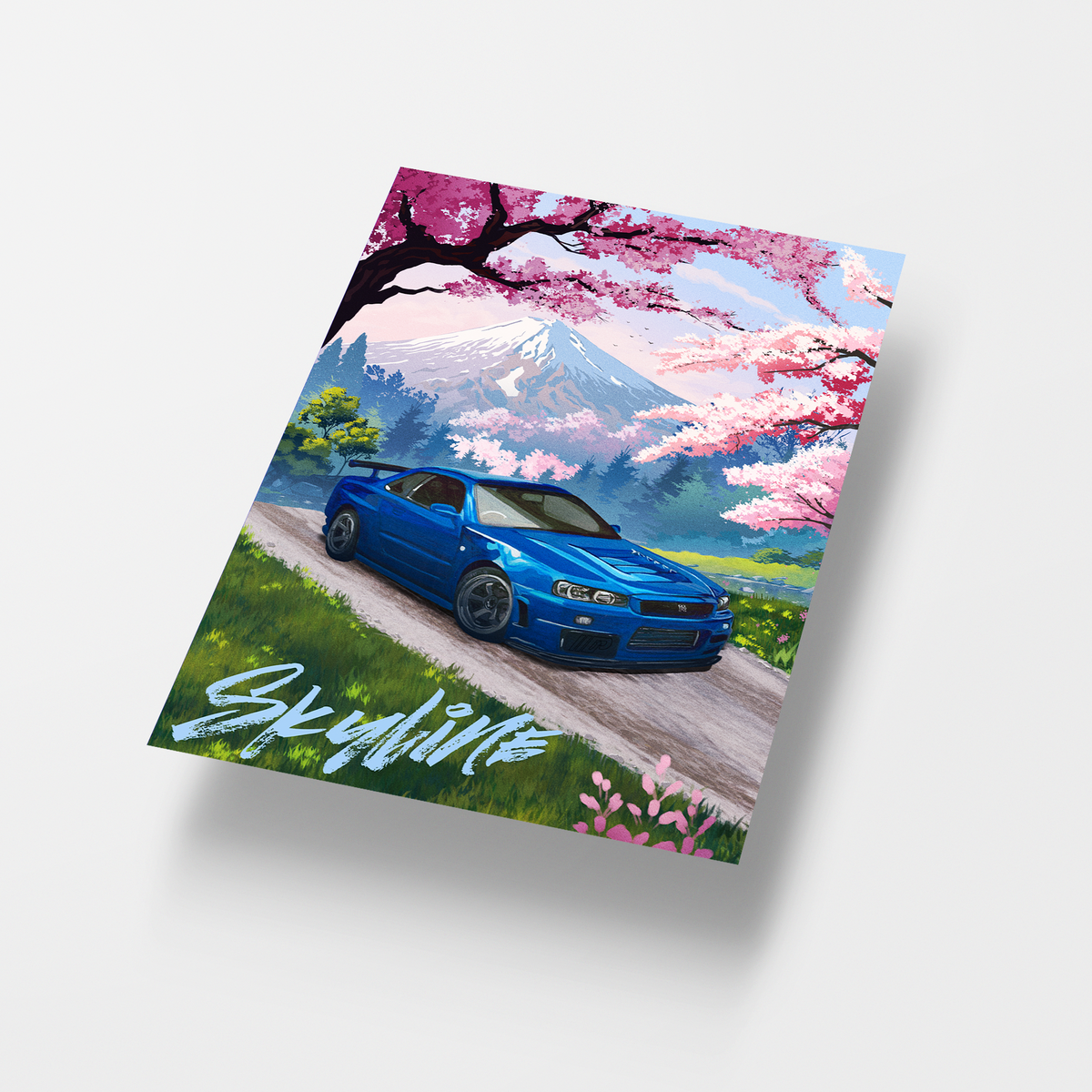Blue Nissan Skyline GT-R R34 art print shown at an angle on a light gray background