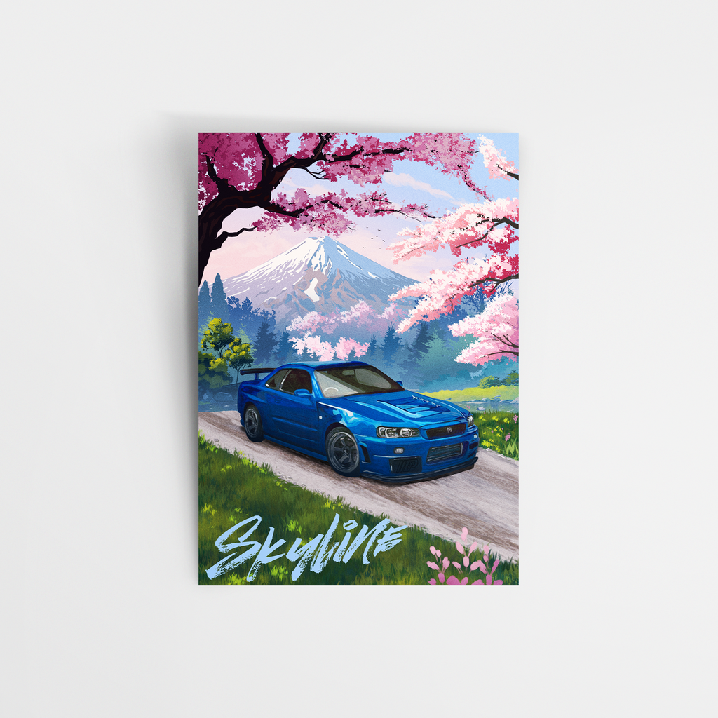 Blue Nissan Skyline GT-R R34 art print with cherry blossoms and a snow-capped Mt. Fuji, shown unframed
