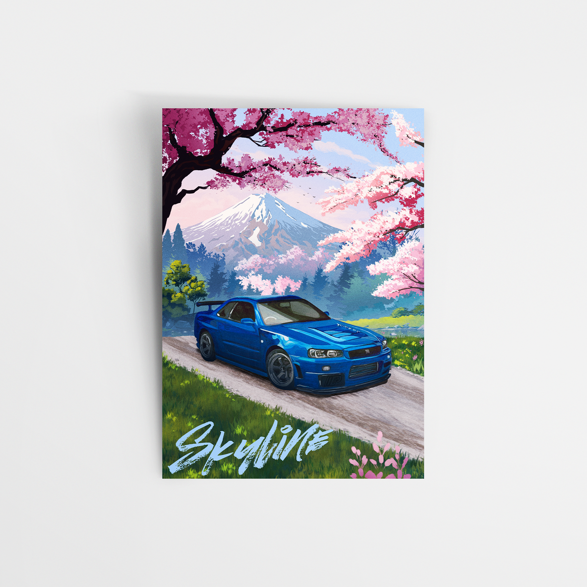 Blue Nissan Skyline GT-R R34 art print with cherry blossoms and a snow-capped Mt. Fuji, shown unframed
