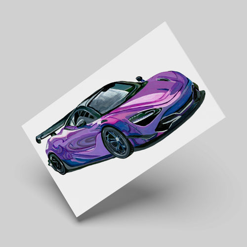 Purple supercar art print on a light grey background