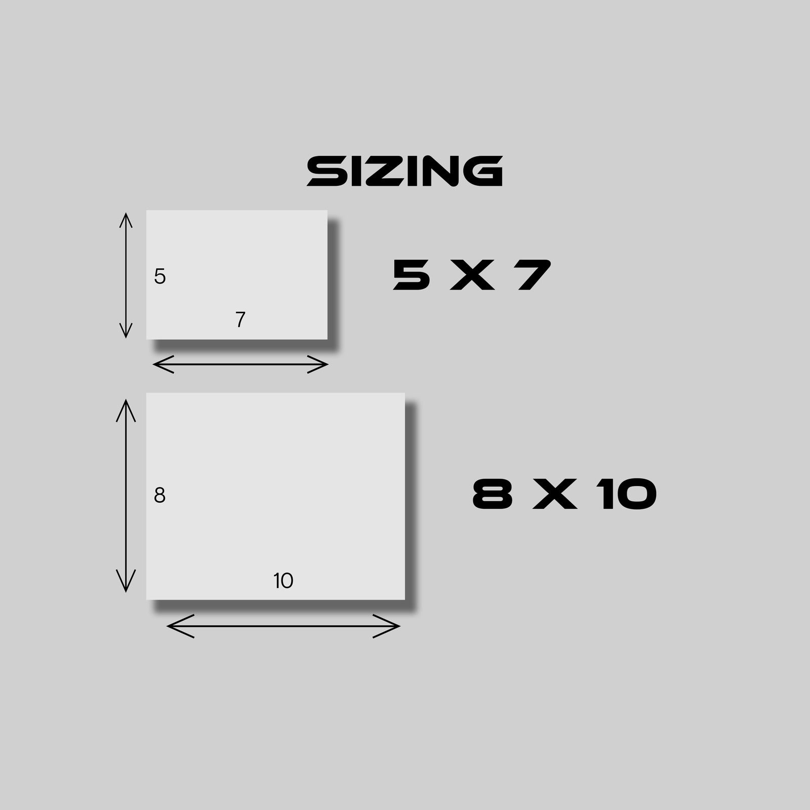 Size chart comparing 5x7 and 8x10 art print dimensions