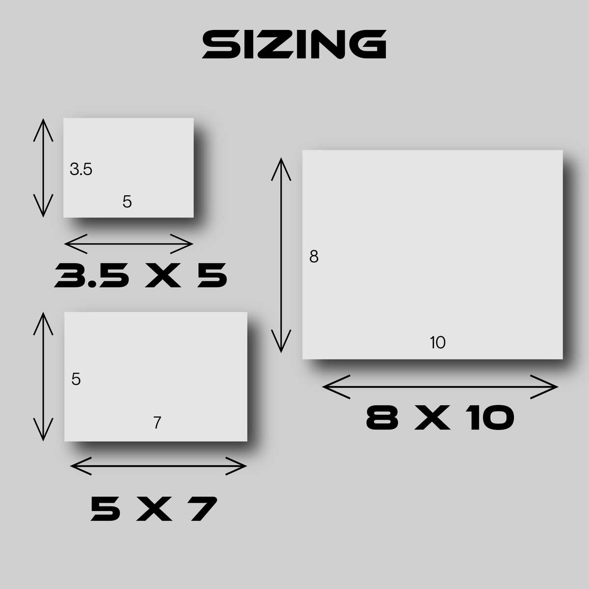 Print size comparison chart showing the 3.5x5, 5x7 and 8x10 sizes side by side