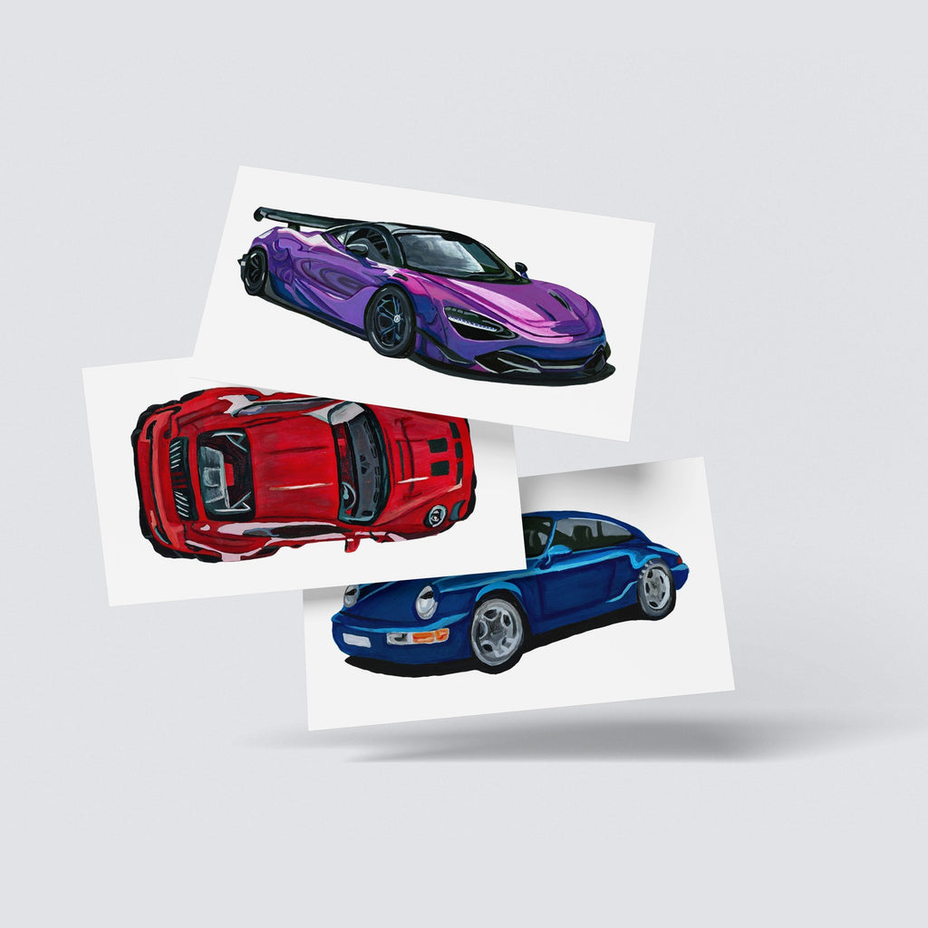 Complete set of three car art prints displayed together